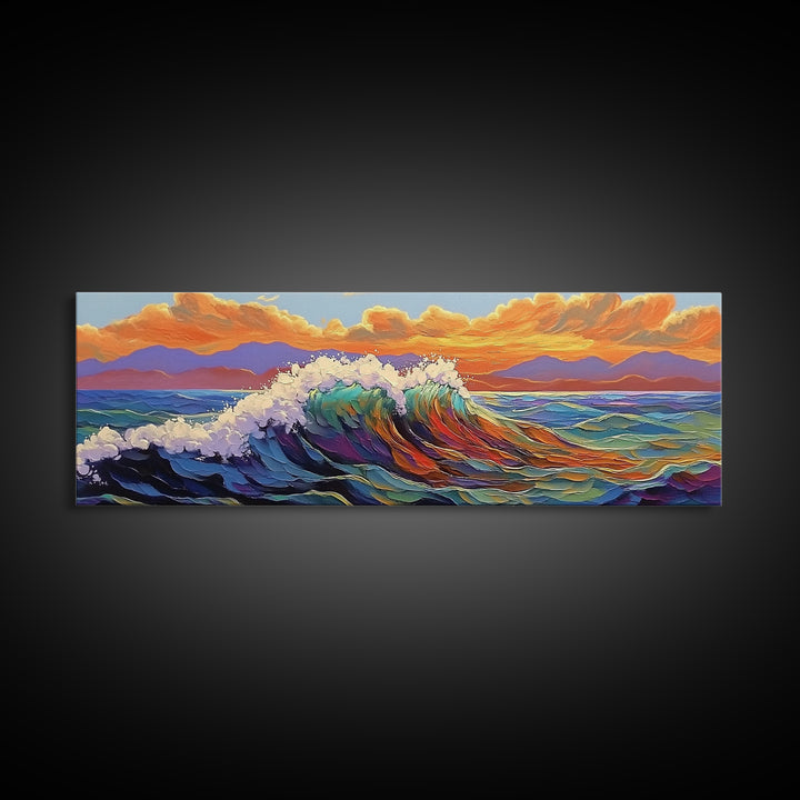 Ocean Wave Sunset, Vibrant Seascape Painting, Tropical Horizon Scene, Framed Canvas Print, Coastal Wall Art, Nautical Decor