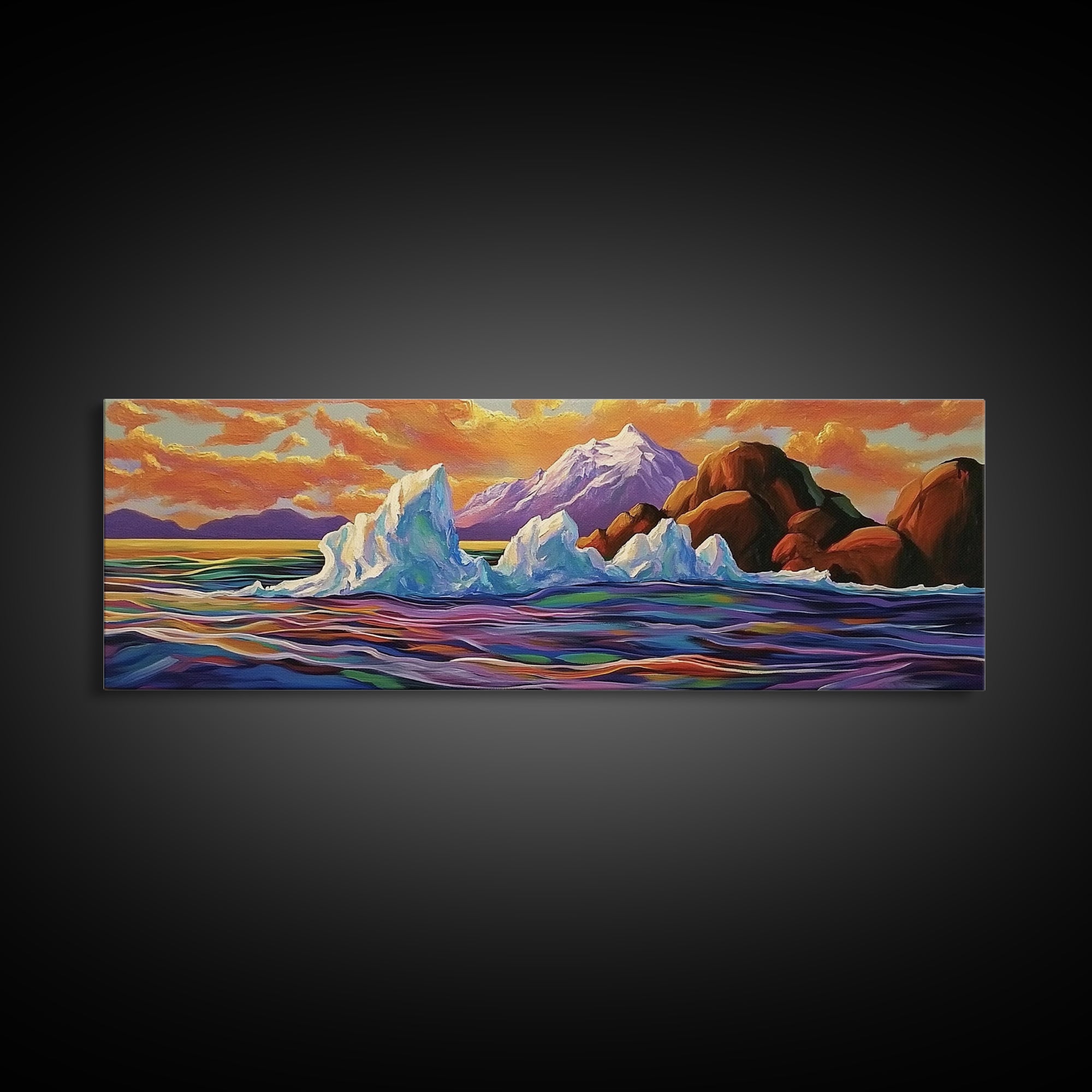 Iceberg Ocean Scene, Arctic Sunset Painting, Majestic Ice Waterscape, Framed Canvas Print, Coastal Wall Art, Winter Home Decor