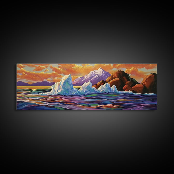 Iceberg Ocean Scene, Arctic Sunset Painting, Majestic Ice Waterscape, Framed Canvas Print, Coastal Wall Art, Winter Home Decor