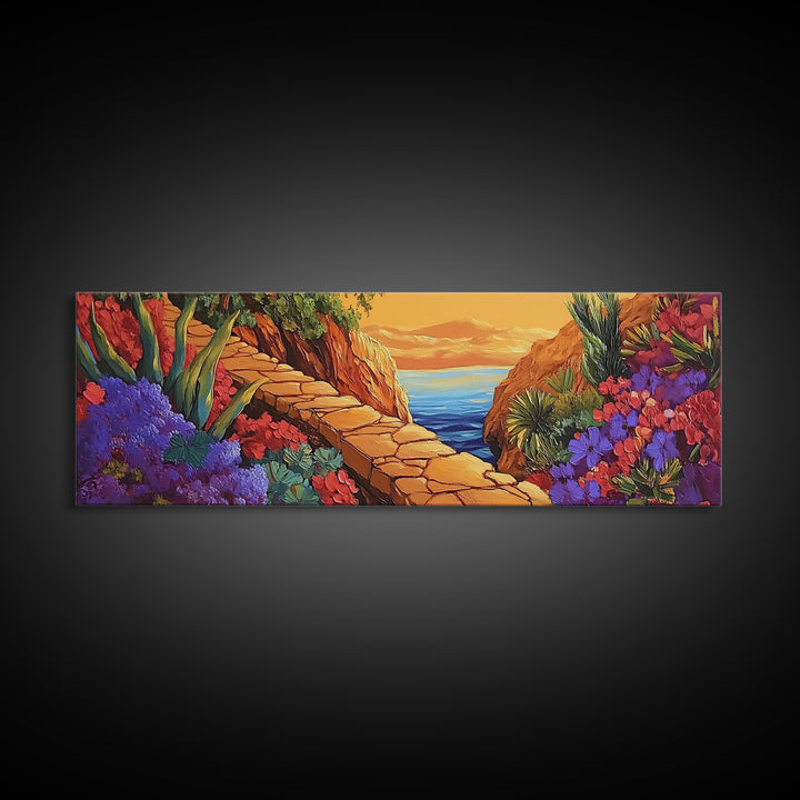 Desert Path, Floral Trail, Mountain View, Framed Canvas Print, Southwestern Wall Art, Nature Inspired Art, Boho Vibe, Living Room Decor