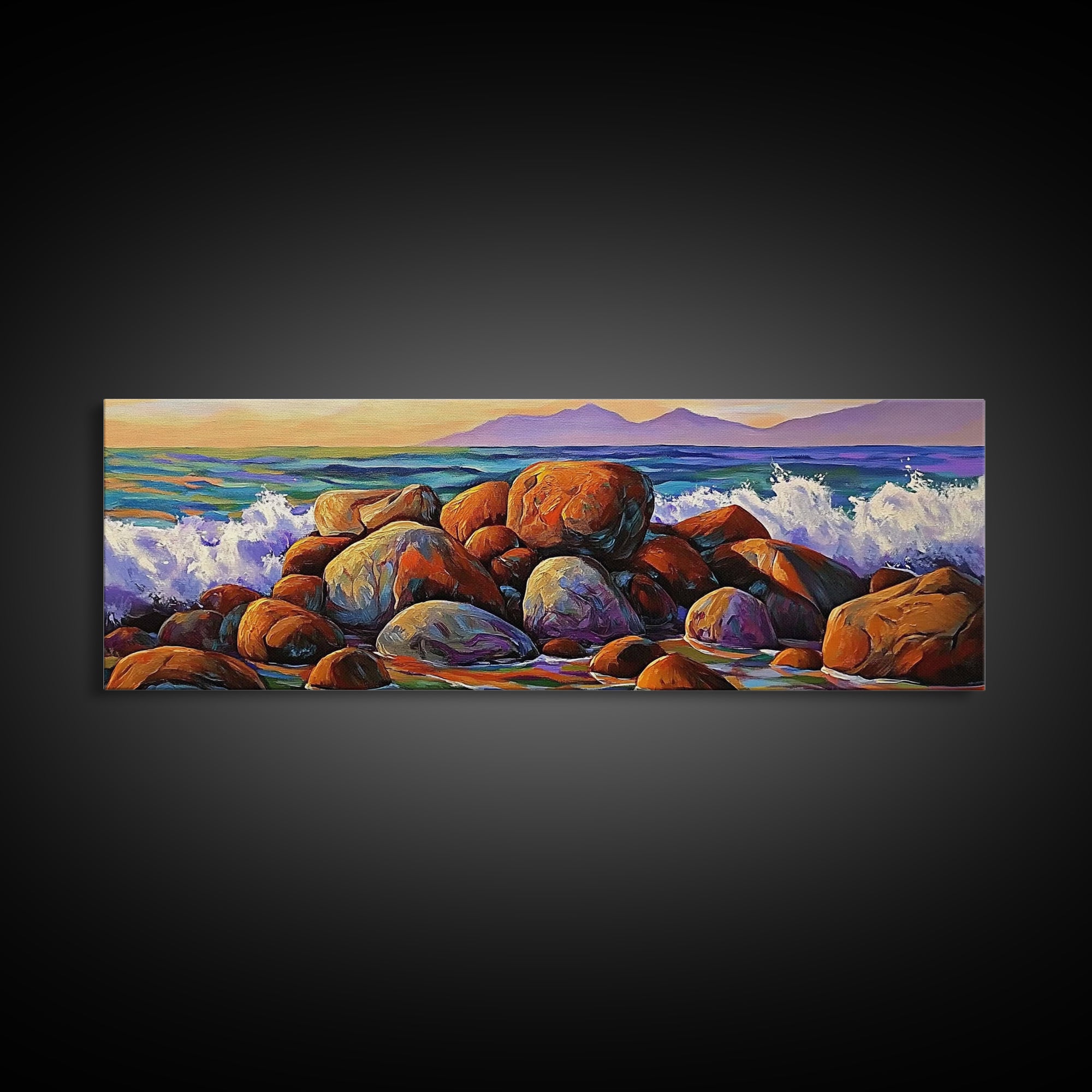 Coastal Boulders, Wave Crash, Ocean Energy, Framed Canvas Print, Beach House Wall Art, Seascape Painting, Coastal Decor, Nature Vibes