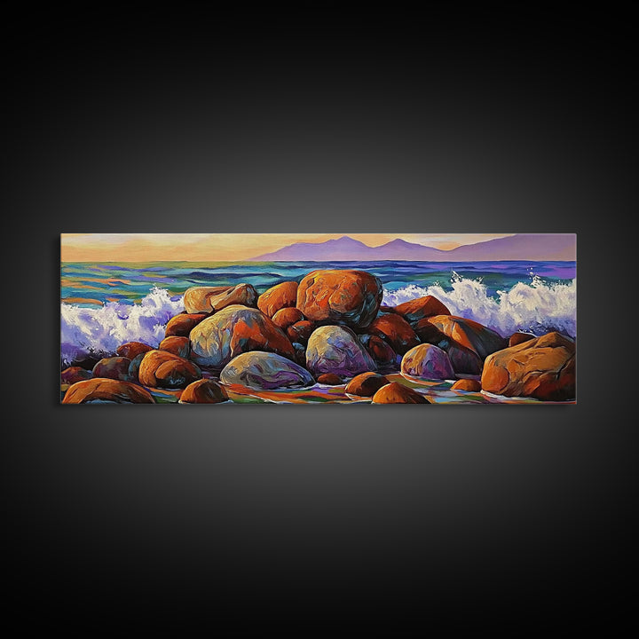 Coastal Boulders, Wave Crash, Ocean Energy, Framed Canvas Print, Beach House Wall Art, Seascape Painting, Coastal Decor, Nature Vibes