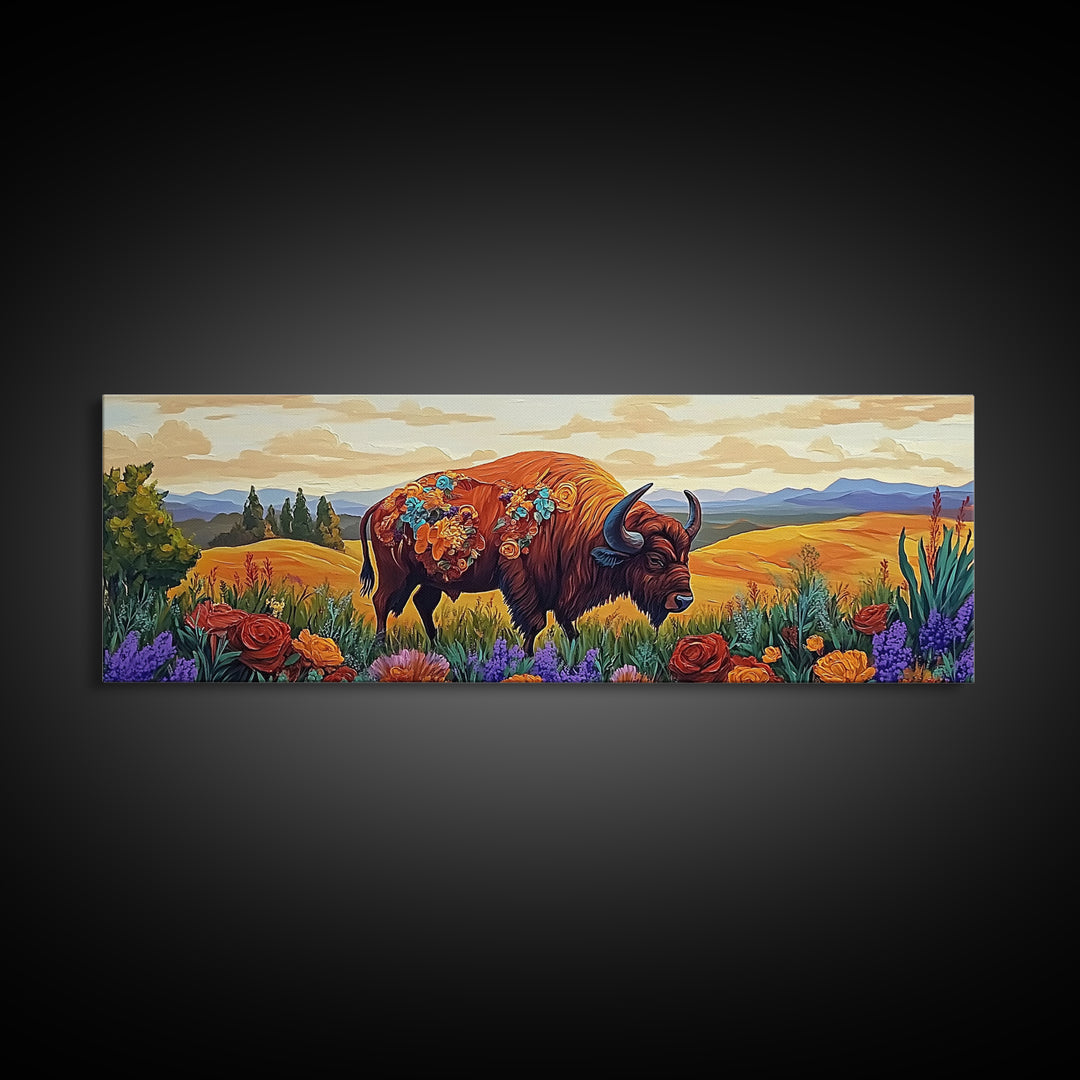 Bison Meadow, Wildflowers, Prairie Soul, Framed Canvas Print, Fall Wall Art, Western Decor, Rustic Living Room Art, Nature Art