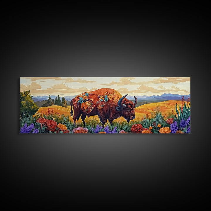 Bison Meadow, Wildflowers, Prairie Soul, Framed Canvas Print, Fall Wall Art, Western Decor, Rustic Living Room Art, Nature Art
