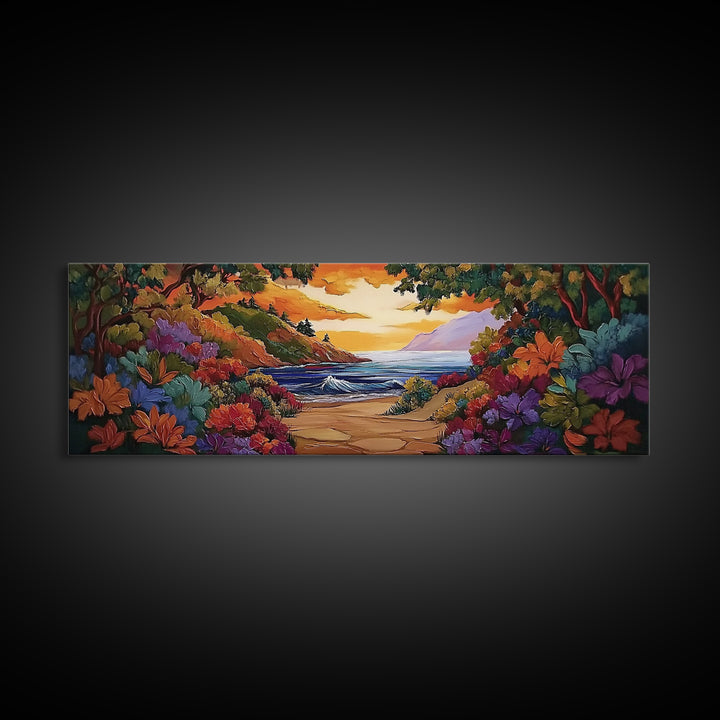 Beach View, Sunset Flowers, Coastal Path, Summer Decor, Framed Canvas Print, Bedroom Wall Art, Bright Floral Landscape Art
