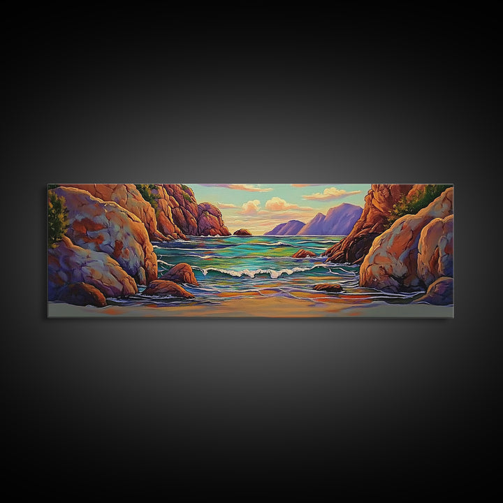 Rocky Cove, Sunset Ocean, Wave Art, Coastal View, Framed Canvas Print, Bathroom Wall Art, Earth Tones, Seascape Canvas Decor