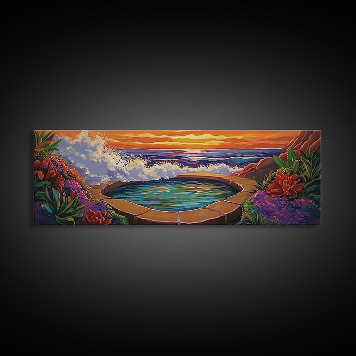 Ocean Hot Spring, Tropical Spa Scene, Sunset Serenity, Coastal Zen, Framed Canvas Print, Relaxation Art, Bohemian Wall Art