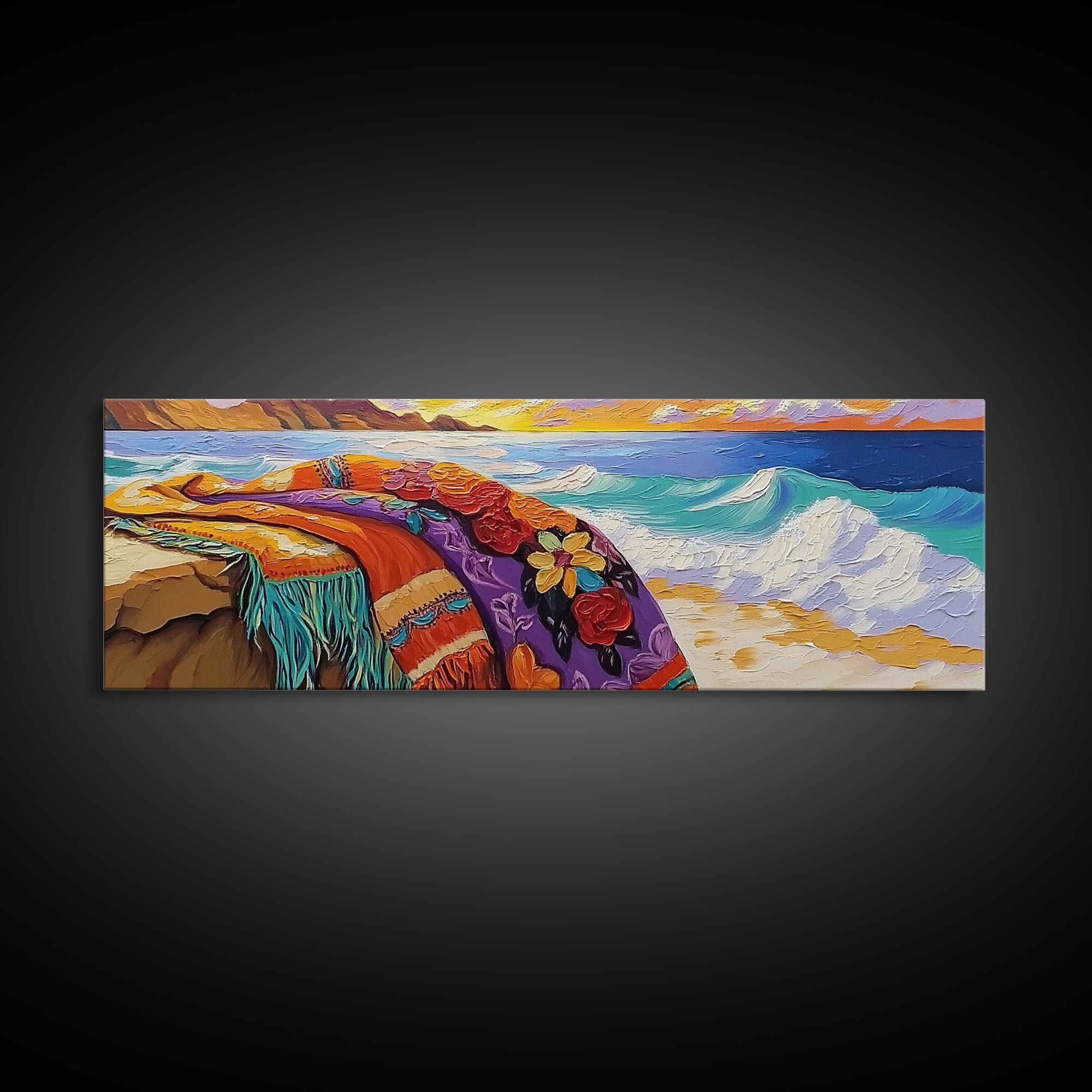 Ocean Blanket Painting, Sunset Coastline Scene, Canvas Print, Coastal Boho Wall Art, Bedroom or Beach House Decor