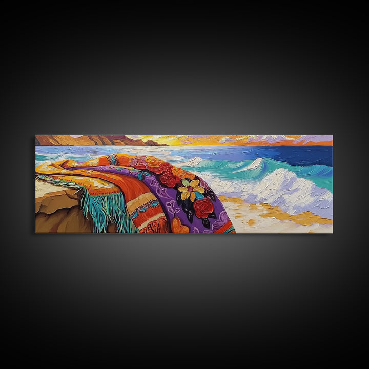 Ocean Blanket Painting, Sunset Coastline Scene, Canvas Print, Coastal Boho Wall Art, Bedroom or Beach House Decor