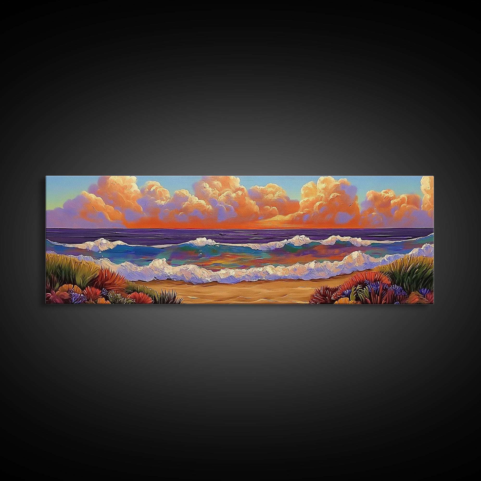 Beach Sunset, Gentle Waves, Cotton Clouds, Summer Calm, Framed Canvas Print, Coastal Wall Art, Soft Pastel Ocean Landscape