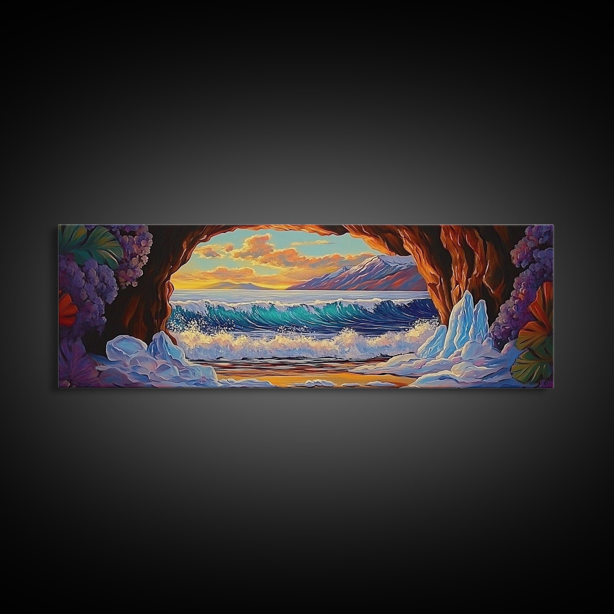 Arctic Ocean Cave, Winter Seascape, Vibrant Ice Waves, Framed Canvas Print, Seasonal Wall Art, Coastal Fantasy Decor