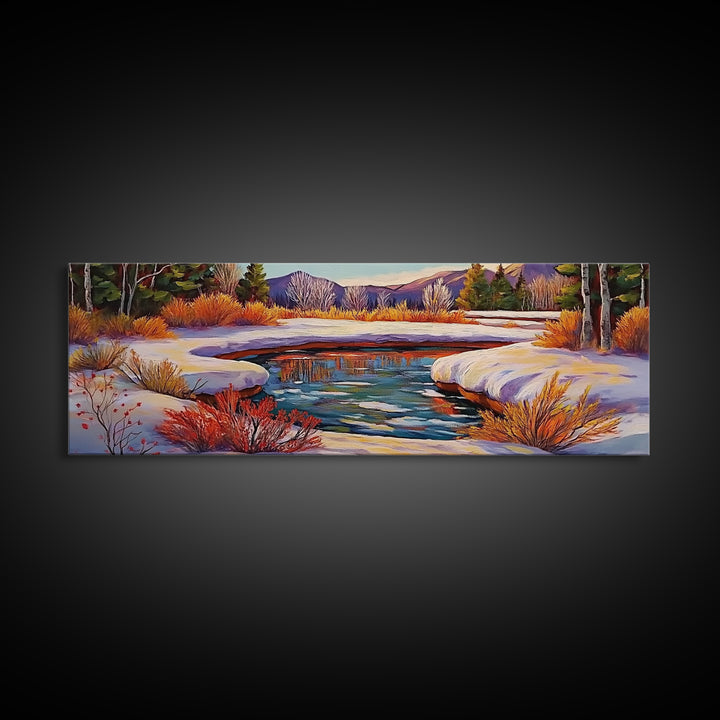 Snowy Mountain Pond, Winter Forest Stream, Sunset Reflection, Canvas Print, Rustic Cabin Wall Art, Nature Landscape Art