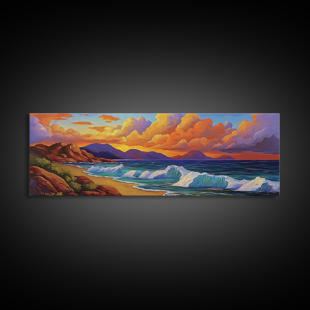 Coastal Sunset Glow, Ocean Horizon, Vibrant Wave Art, Framed Canvas Print, Living Room Wall Art, Colorful Beach Landscape