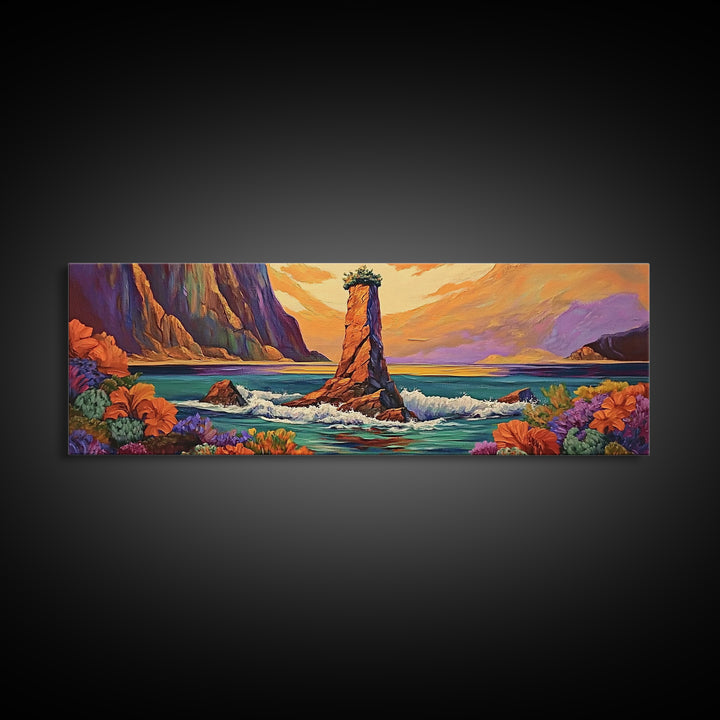 Ocean Rock Island, Sunset Coastline, Floral Foreground, Canvas Print, Living Room Wall Art, Mystical Nature Landscape