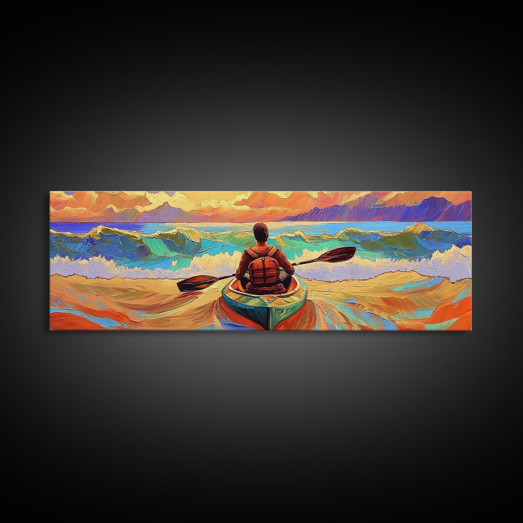 Ocean Kayaker, Waves Sunset, Adventure Spirit, Beach Home Accent, Framed Canvas Print, Coastal Wall Art, Colorful Outdoor Art