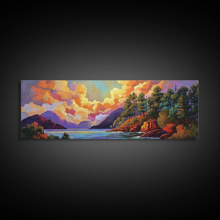 Mountain Trees, Lake Sunset, Nature Glow, Autumn Landscape, Canvas Print, Cabin Decor, Rustic Wall Art, Forest Escape
