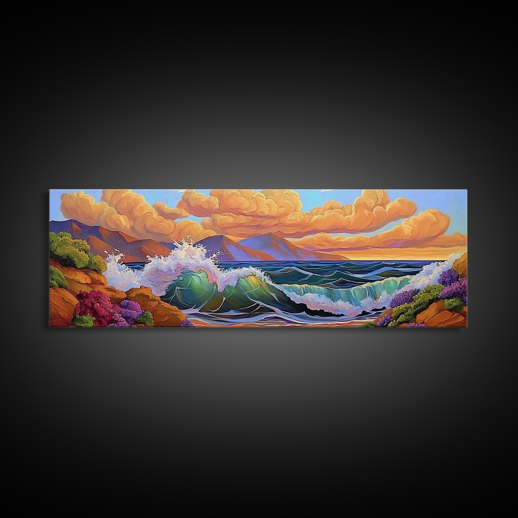 Coastal Surf, Sunset Clouds, Tropical Vibes, Ocean Wave Art, Framed Canvas Print, Beach House Decor, Seaside Living Room Art