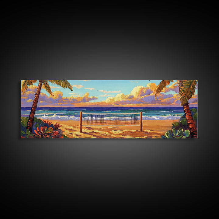 Beach Sunset, Palm Trees, Volleyball Net, Tropical Decor, Framed Canvas Print, Coastal Wall Art, Boho Beach Vibes, Game Room Art