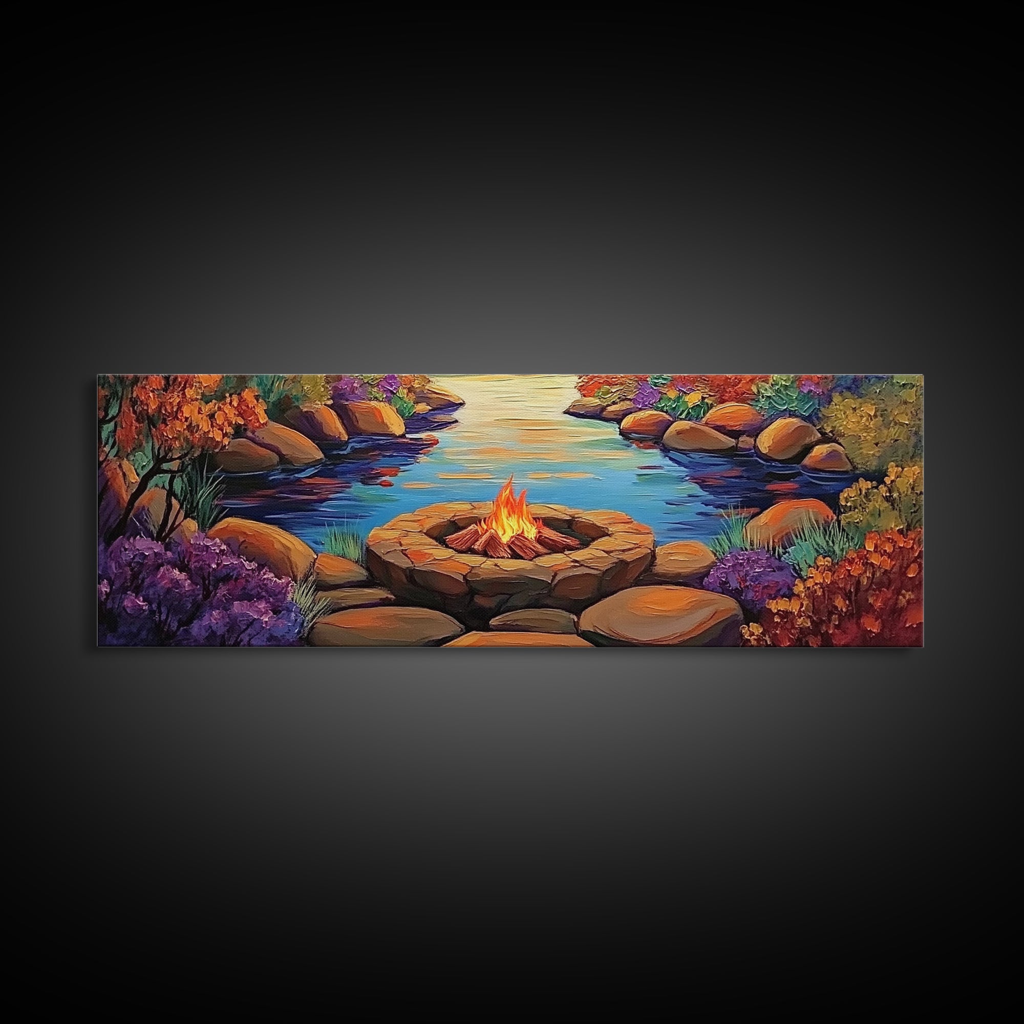 Campfire by River, Autumn Glow, Cozy Outdoor Scene, Framed Canvas Print, fall landscape, rustic decor, lodge wall art, den artwork