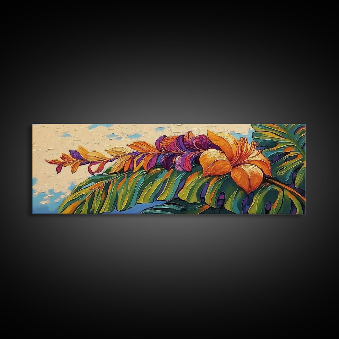 Tropical Leaves, Bold Floral, Exotic Bloom, Modern Art, Framed Canvas Print, boho jungle decor, bedroom wall art, tropical artwork
