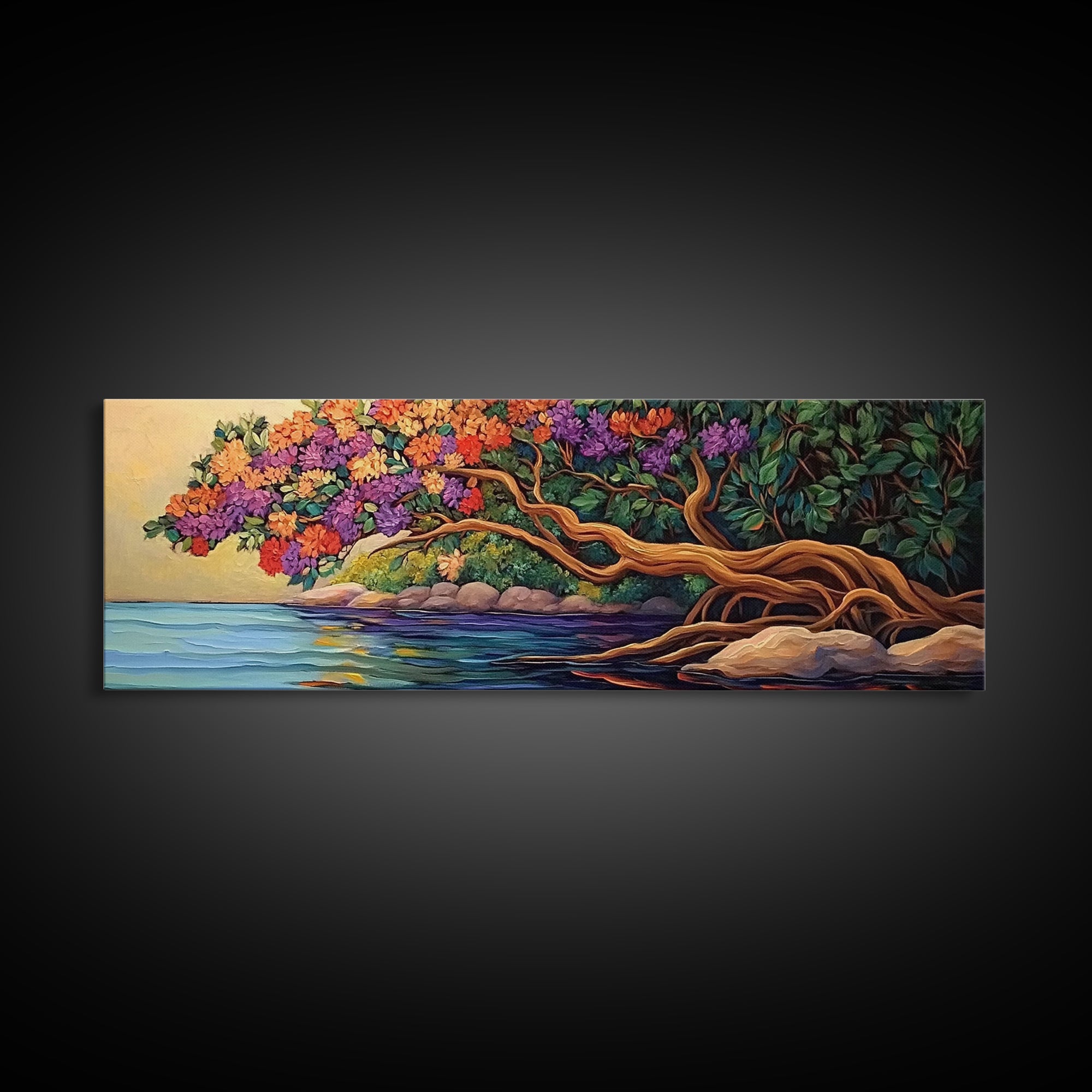 Blooming Tree, Ocean Shore, Tranquil Scene, Curved Branches, Framed Canvas Print, bedroom art, whimsical landscape, botanical wall piece