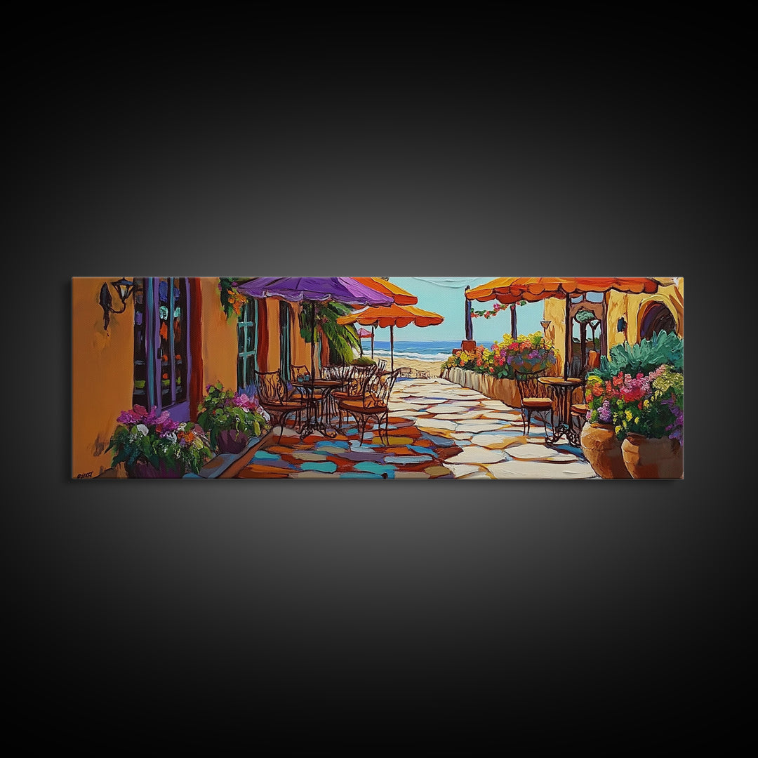 Coastal Café, Ocean View, Umbrella Patio, Bright Florals, Framed Canvas Print, Kitchen Wall Art, Mediterranean Style, Garden Dining Art