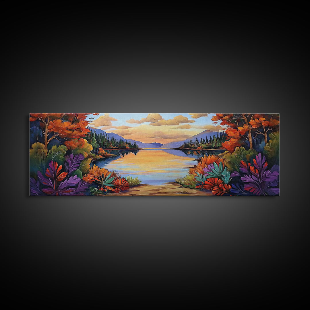 Autumn Lake Reflection, Tranquil Nature Painting, Fall Forest Sunset, Framed Canvas Print, Cozy Living Room or Cabin Wall Decor