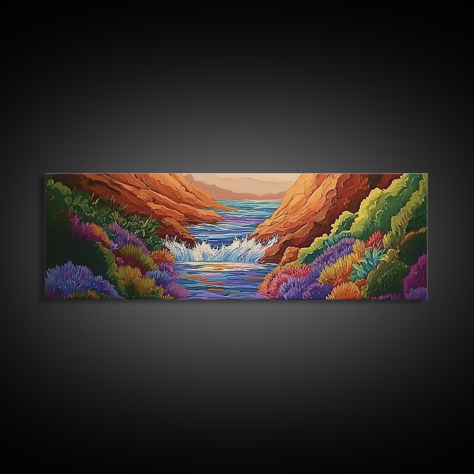 Canyon Stream Bloom, Colorful Desert River Scene, Vibrant Nature Painting, Framed Canvas Print, Southwest Living Room or Office Art