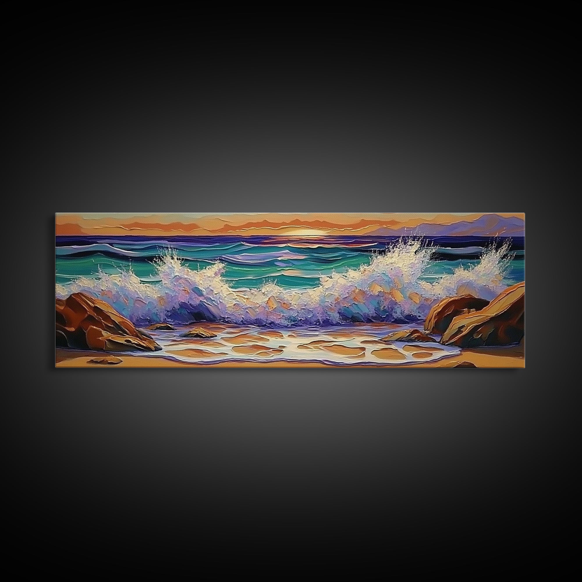Crashing Waves Sunset, Seaside Landscape Art, Modern Beach Wall Decor, Living Room Accent, Framed Canvas Print, Coastal Vibes