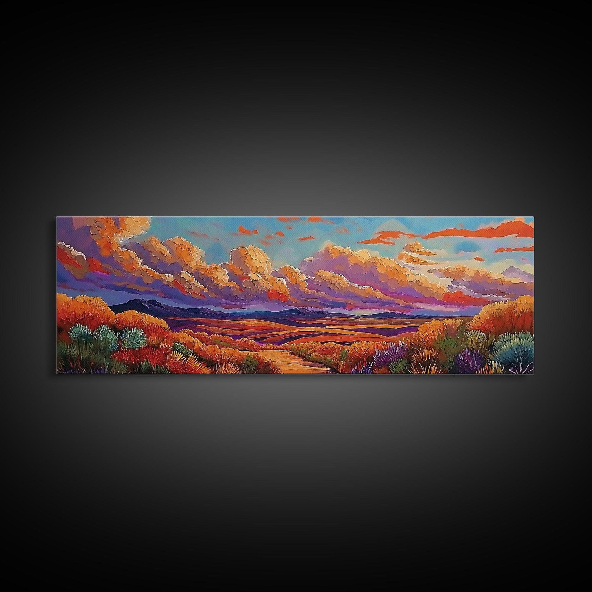 Desert Sunset, Golden Fields, Cloudscape Horizon, Canvas Print, vibrant desert painting, Fall boho art, hallway wall art