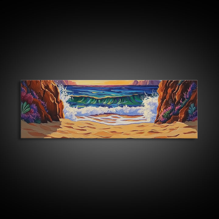 Seaside Cove, Ocean Escape, Beach Waves, Canvas Print, tropical coastal painting, vibrant ocean wall art, bathroom nautical print