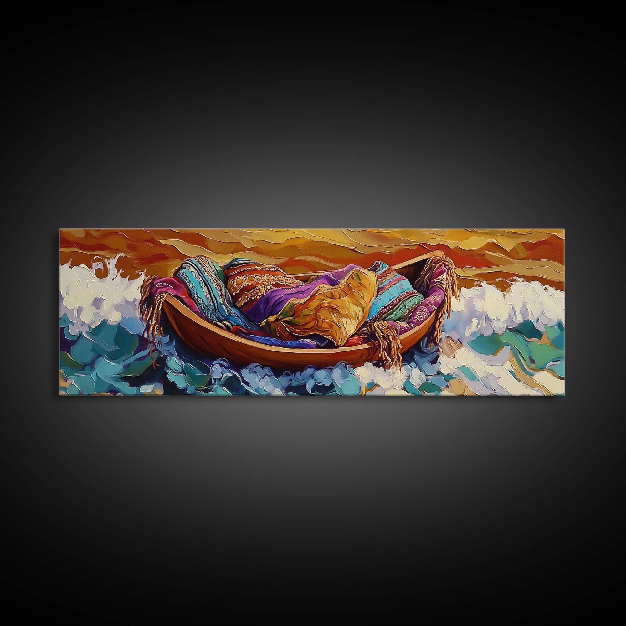 Cozy Boat, Colorful Blankets, Ocean Sunset, Serene Waves, Framed Canvas Print, Bohemian Bedroom Art, Nautical Style, Relaxation Vibe