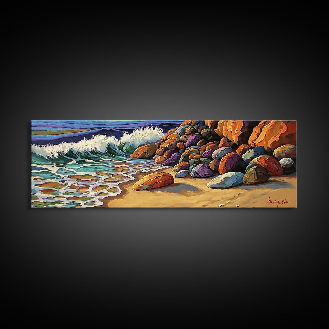 Rocky Shoreline Waves, Ocean Rocks Art, Seaside Spray, Framed Canvas Print, Bathroom Coastal Wall Art, Bold Beach Style, Nautical Decor