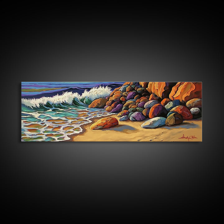 Rocky Shoreline Waves, Ocean Rocks Art, Seaside Spray, Framed Canvas Print, Bathroom Coastal Wall Art, Bold Beach Style, Nautical Decor