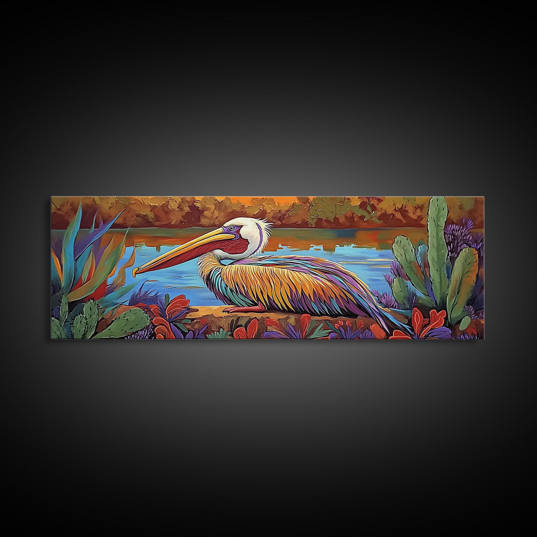 Colorful Pelican, Tropical Bird, Lake Wildlife, Autumn Palette, Framed Canvas Print, Boho Nature Wall Art, Dining Room Bird Artwork