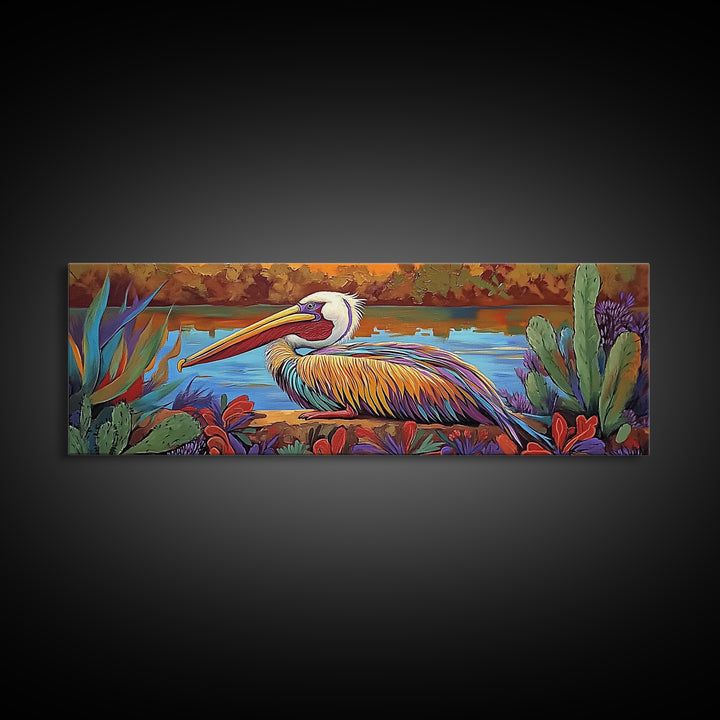 Colorful Pelican, Tropical Bird, Lake Wildlife, Autumn Palette, Framed Canvas Print, Boho Nature Wall Art, Dining Room Bird Artwork