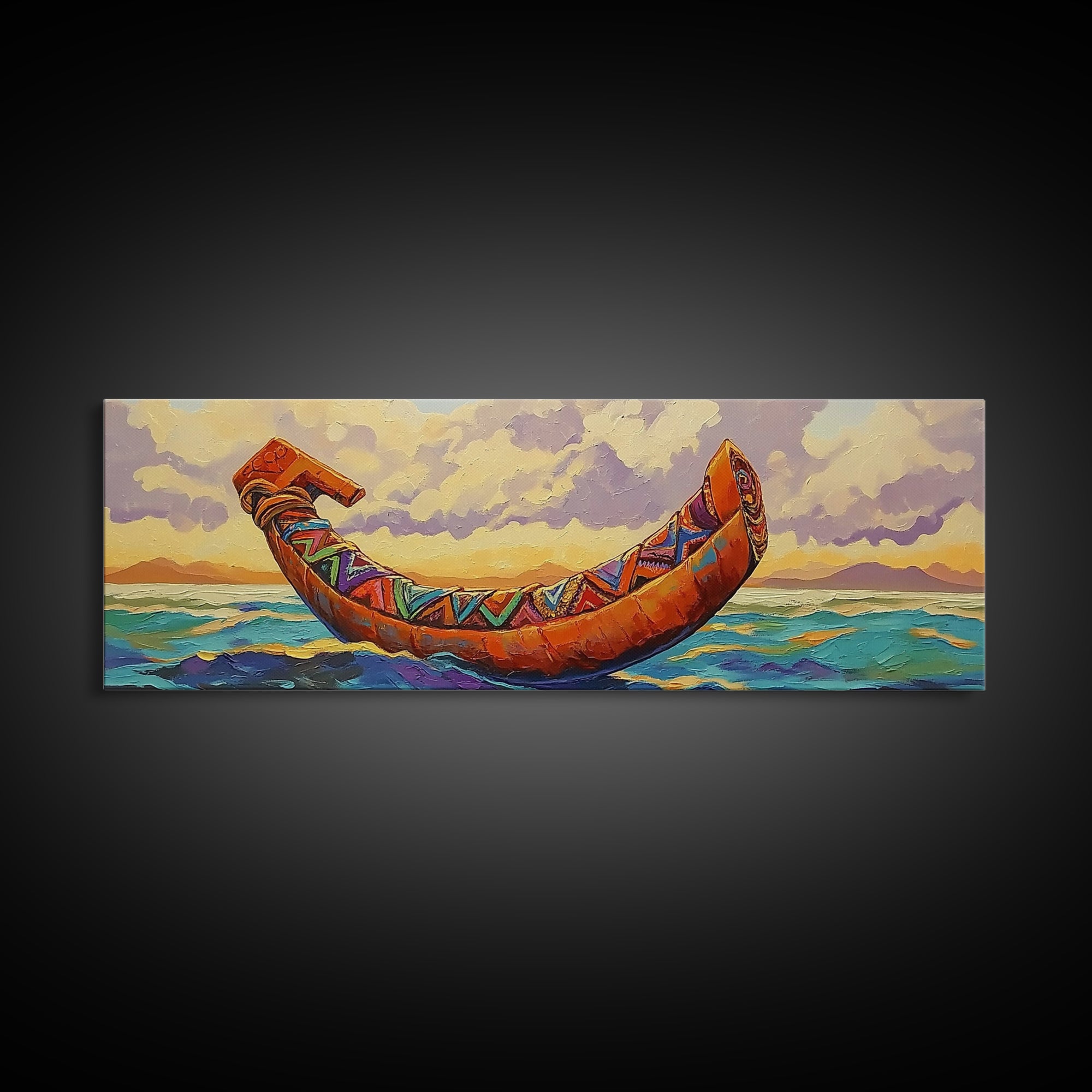 Tribal Canoe, Ocean Spirit, Ethnic Decor, Sunset Waterscape, Framed Canvas Print, Rustic Coastal Art, Living Room Adventure Decor