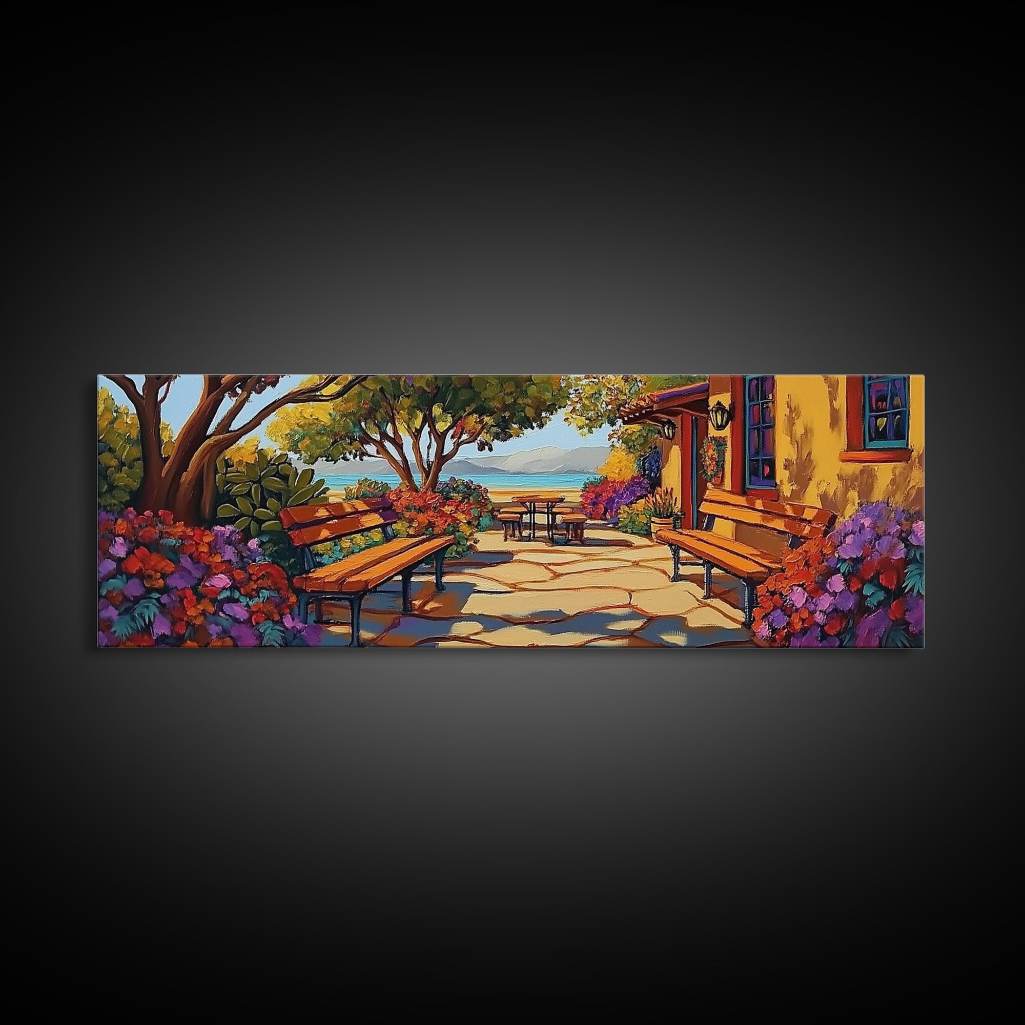 Garden Patio, Seaside Escape, Bright Cottage, Floral Path, Framed Canvas Print, Summer Porch Art, Kitchen Courtyard Painting