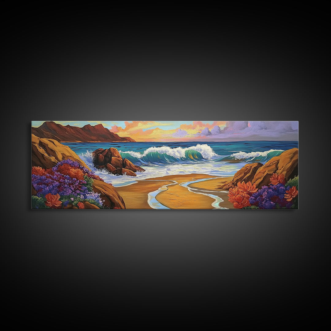 Coastal Wave, Bold Surf, Rocky Sunset, Flower Shoreline, Framed Canvas Print, Nautical Art, Bathroom Beach Landscape Decor
