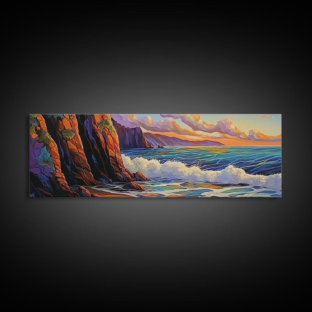 Coastal Cliff, Ocean Waves, Sunset Water, Rocky Shoreline, Framed Canvas Print, Bathroom Wall Art, Vibrant Seascape, Beach House Style