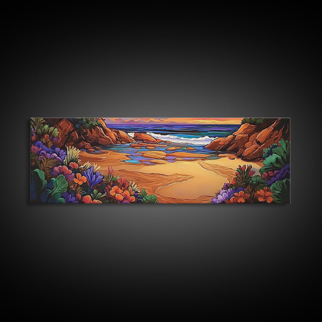 Rocky Beach Cove, Tropical Floral Ocean Art, Sunset Coastline View, Framed Canvas Print, Bathroom Wall Art, Nature Inspired Style