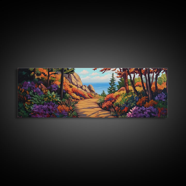 Coastal Forest Walk, Vibrant Landscape Painting, Ocean View Trail, Autumn Decor, Framed Canvas Print, Hallway Wall Art