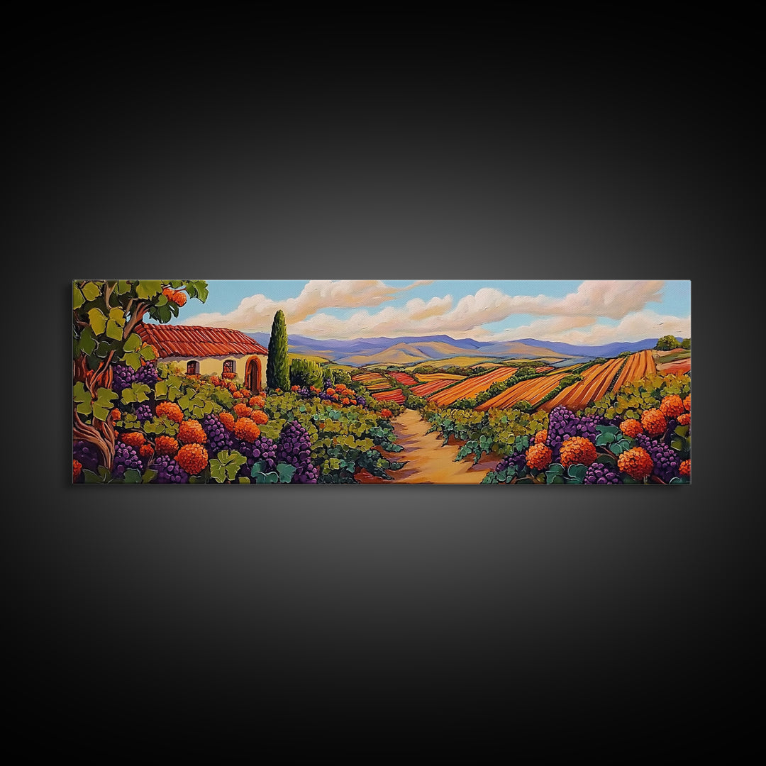 Autumn Vineyard Path, Rustic Countryside, Orange and Purple Art, Framed Canvas Print, Kitchen Wall Decor, Fall Landscape Painting