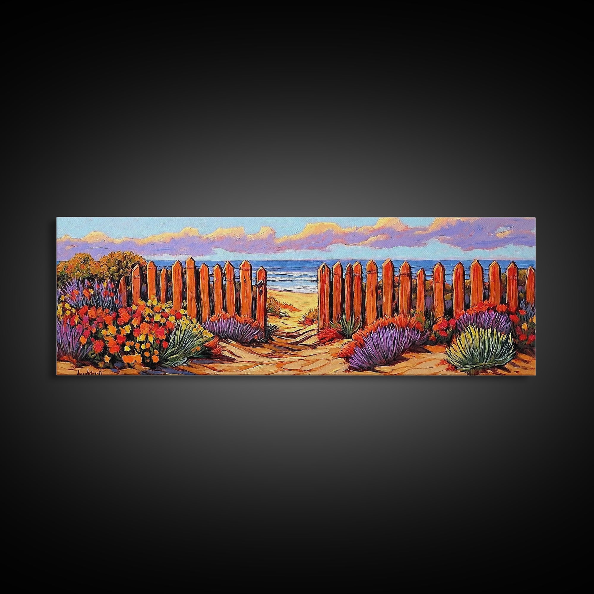 Beach Fence Trail, Ocean Coastal View, Sandy Pathway, Framed Canvas Print, Vibrant Seaside Art, Bathroom or Entryway Decor