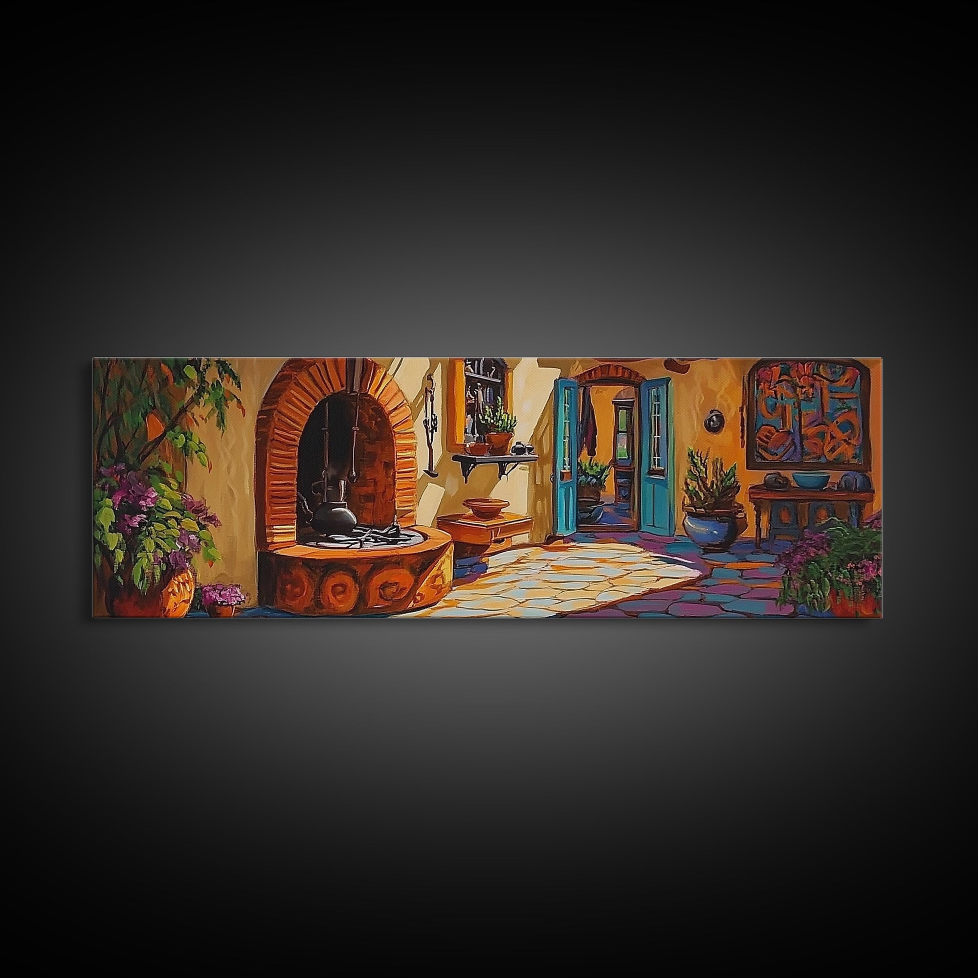 Cozy Kitchen Decor, Rustic Courtyard Art, Adobe Style, Mexican Home Wall Decor, Framed Canvas Print, Southwest Kitchen Wall Art