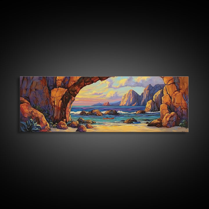 Coastal Archway View, Rocky Beach Sunset, Ocean Serenity, Framed Canvas Print, Nautical Living Room Art, Seaside Escape Scene