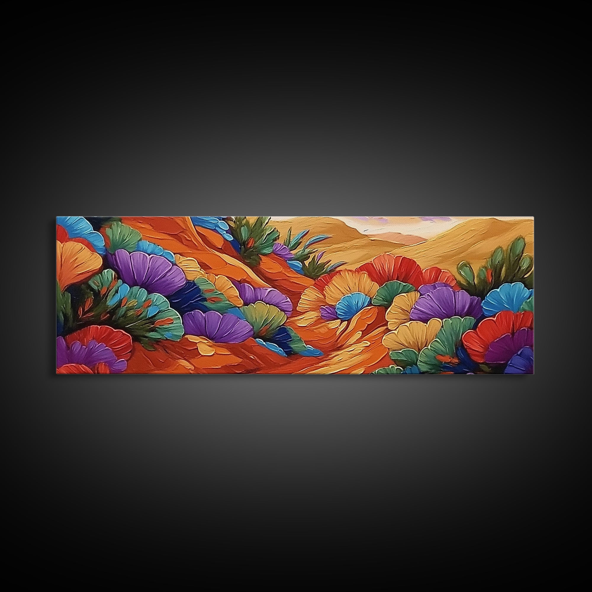 Colorful Desert Blooms, Vibrant Landscape, Boho Floral Style, Framed Canvas Print, Bedroom Wall Art, Modern Southwestern Painting