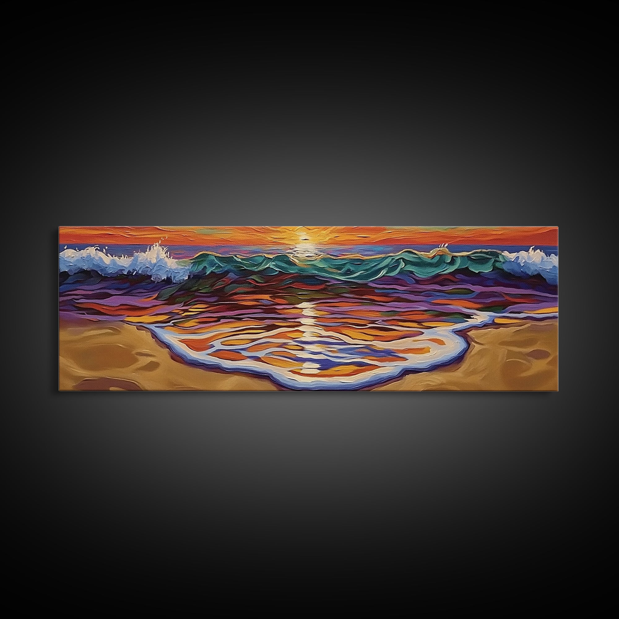 Ocean Sunset Glow, Colorful Wave Reflection, Coastal Abstract, Framed Canvas Print, Beach House Wall Art, Modern Seascape Painting