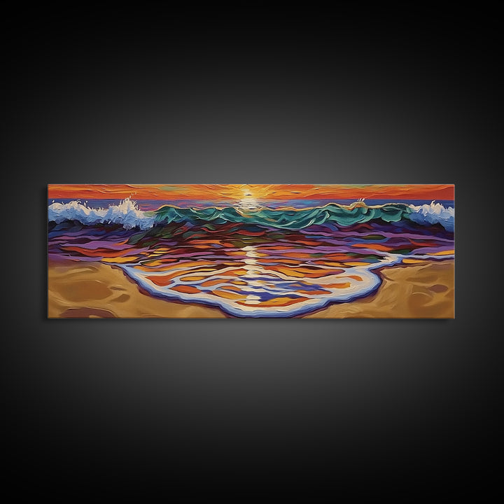 Ocean Sunset Glow, Colorful Wave Reflection, Coastal Abstract, Framed Canvas Print, Beach House Wall Art, Modern Seascape Painting