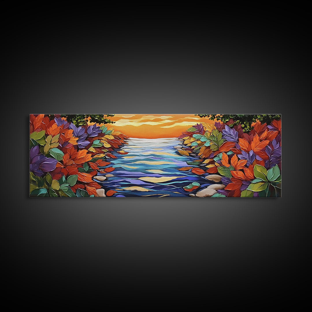 Autumn River Glow, Fall Leaf Reflections, Vibrant Nature Scene, Framed Canvas Print, Rustic Wall Art, Entryway or Dining Room Decor
